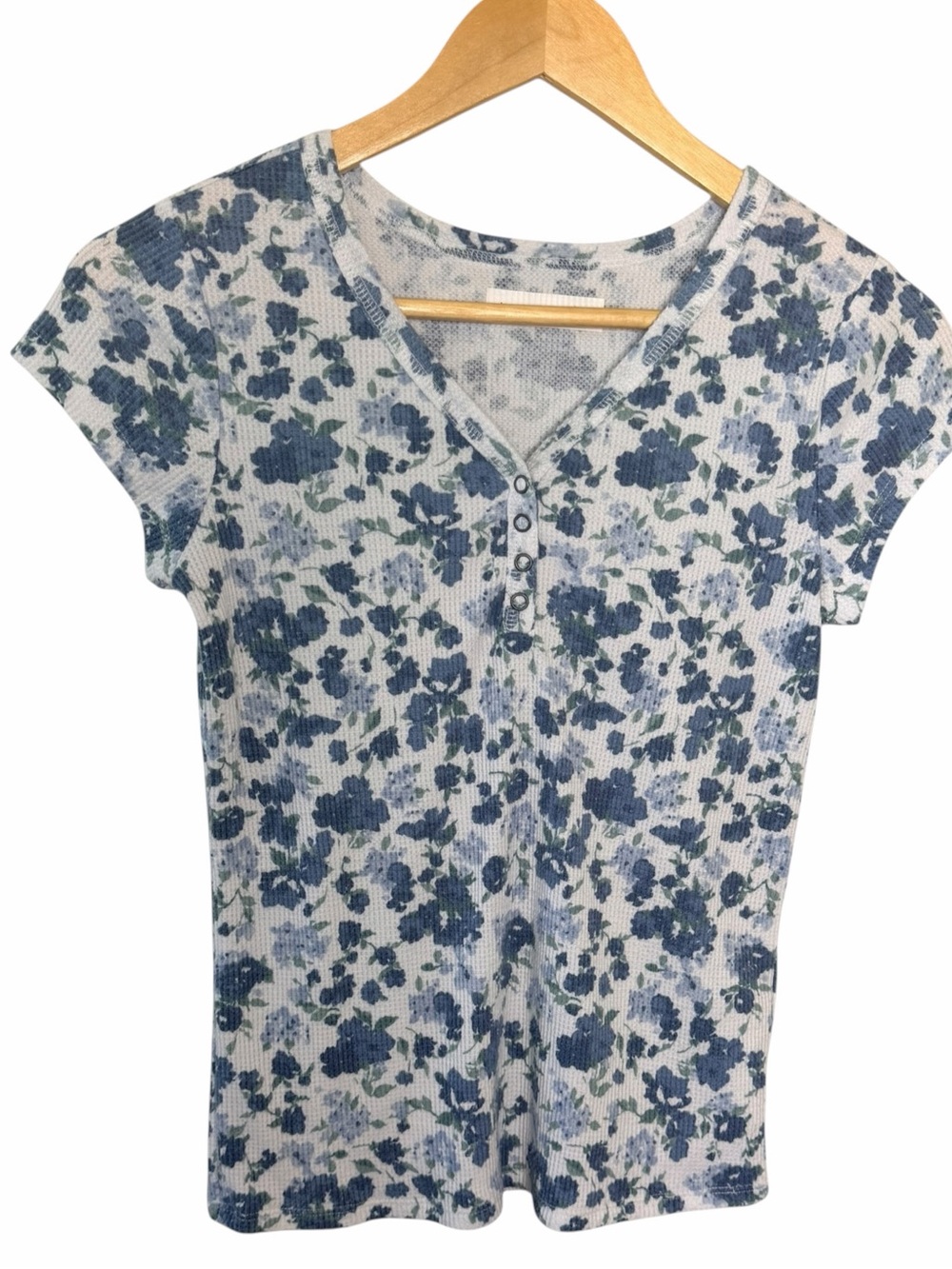 Abercrombie kids Blue Floral Henley Ribbed waffle short sleeve Top size 13/14